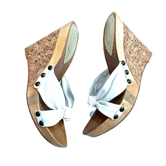 Jessica Simpson White Leather Knot Platform Wedge Sandals Size 8 - Picture 1 of 9